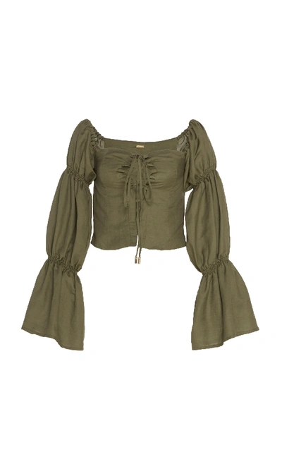 Shop Cult Gaia Claire Ruffled-sleeve Linen Top In Green