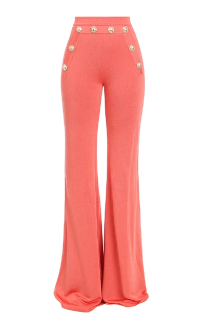 Shop Balmain Button-trim Flared Crepe Trousers In Pink