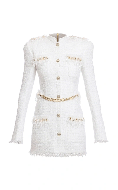 Shop Balmain Sequined Chainlink Tweed Mini Dress In White