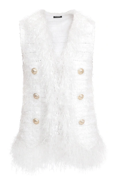 Shop Balmain Feather-trim Double-breasted Vest In White