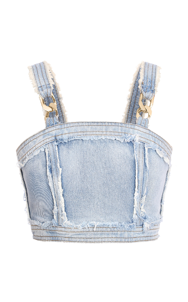 Balmain Distressed Chain-embellished Cropped Top In Blue | ModeSens