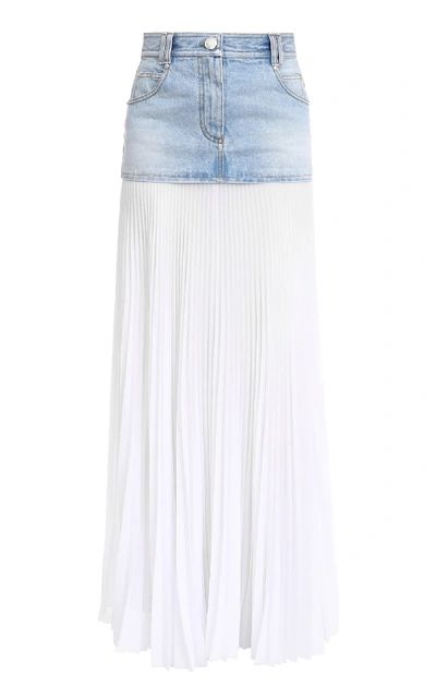 Shop Balmain Pleated-overlay Denim Skirt In White