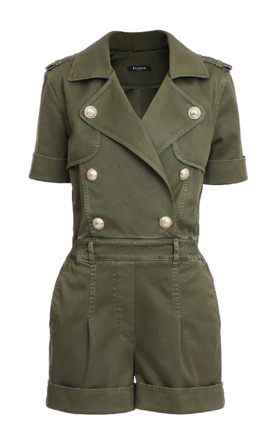 Shop Balmain Double- Breasted Cargo Cotton Romper In Green