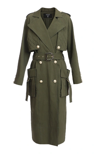 Shop Balmain Belted Double-breasted Cotton-blend Trench In Green