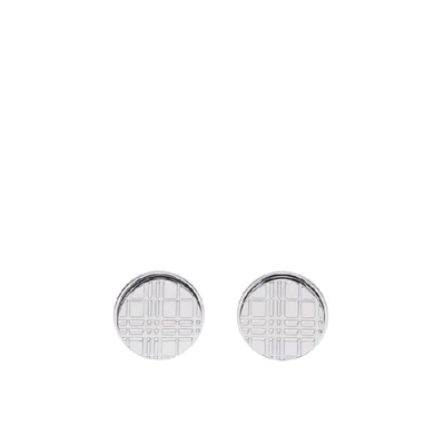 Shop Burberry Palladium-plated Check-engraved Round Cufflinks