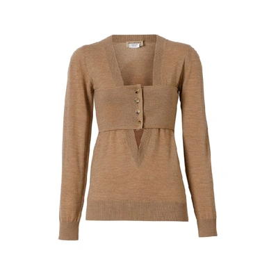 Shop Burberry Button Panel Detail Merino Wool V-neck Sweater In Sand