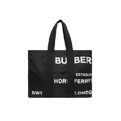Shop Burberry Belt Detail Horseferry Print Nylon Tote In Black/white