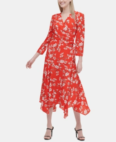 Shop Calvin Klein Floral-print Faux-wrap Maxi Dress In Tango Multi