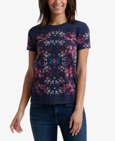Shop Lucky Brand Cotton Floral-print T-shirt In Navy