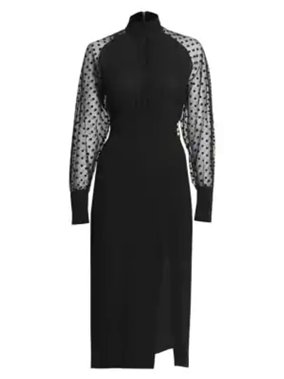 Shop Balmain Swiss Dot Silk Slit Midi Dress In Noir