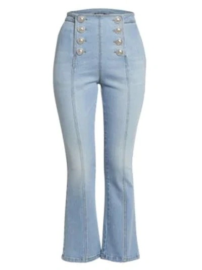 Shop Balmain Cropped Button-front Flared Jeans In Blue Jean