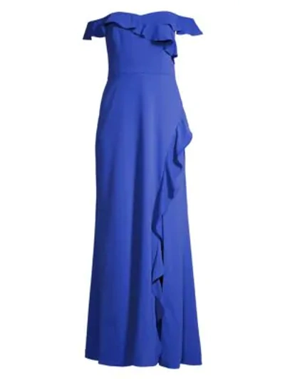 Shop Bcbgmaxazria Ruffled Off-the-shoulder Gown In Blueberry