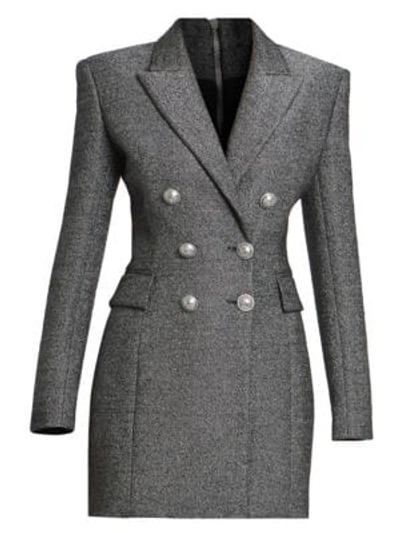 Shop Balmain Double Breasted Wool-blend Jacket Dress In Noir Argent