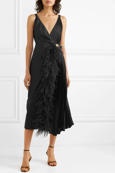 Shop Prada Feather-trimmed Pleated Satin Wrap Dress In Black