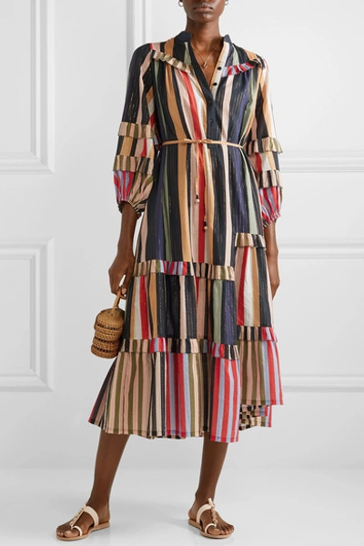 Shop Apiece Apart Gracia Flamenca Striped Cotton And Lurex-blend Voile Midi Dress In Navy