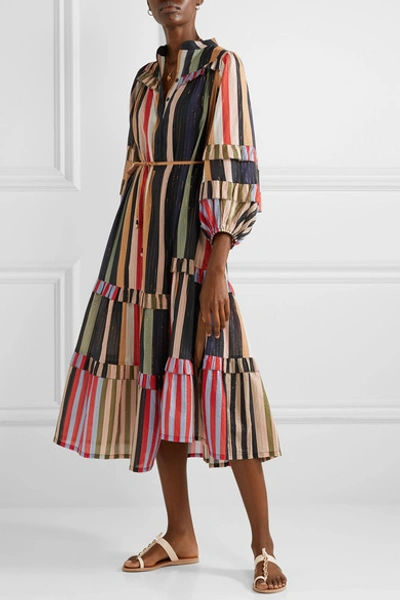 Shop Apiece Apart Gracia Flamenca Striped Cotton And Lurex-blend Voile Midi Dress In Navy