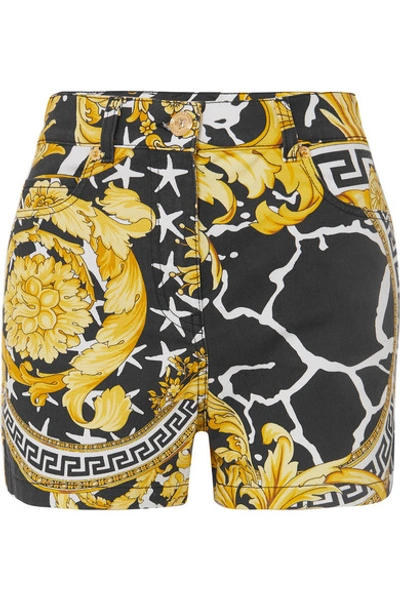 Shop Versace Printed Denim Shorts In Yellow