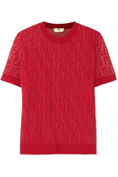 Shop Fendi Intarsia-knit Cotton-blend Sweater In Red