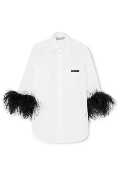 Shop Prada Feather-trimmed Cotton-poplin Shirt In White