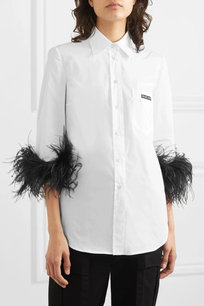 Shop Prada Feather-trimmed Cotton-poplin Shirt In White