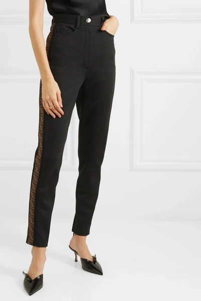 Shop Fendi Intarsia-trimmed Cady Skinny Pants In Black