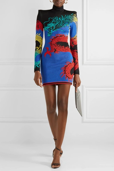 Shop Balmain Jacquard-knit Turtleneck Mini Dress In Blue