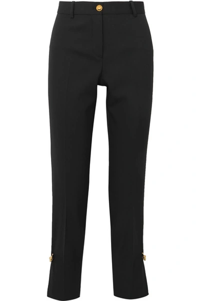 Shop Versace Embellished Wool-blend Straight-leg Pants In Black