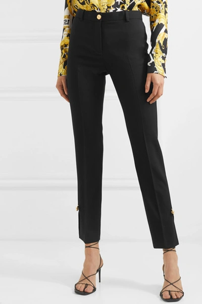 Shop Versace Embellished Wool-blend Straight-leg Pants In Black