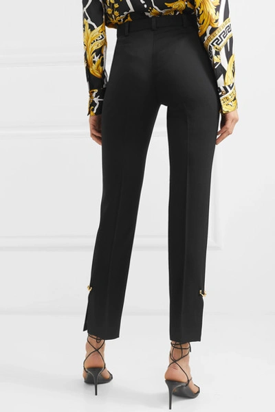 Shop Versace Embellished Wool-blend Straight-leg Pants In Black