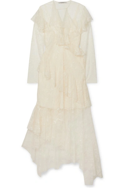 Shop Philosophy Di Lorenzo Serafini Asymmetric Ruffled Lace Midi Dress In Ivory