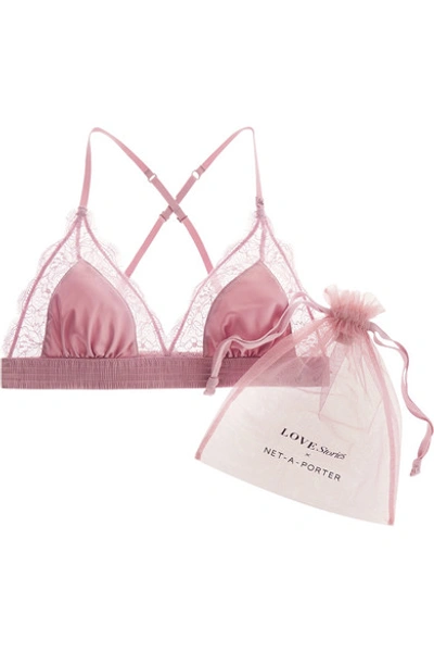 Shop Love Stories Love Lacey Satin-trimmed Stretch-lace Soft-cup Triangle Bra In Pink