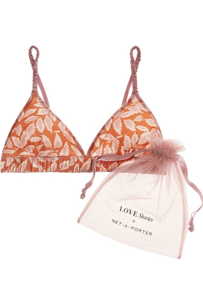 Shop Love Stories Satin-trimmed Printed Stretch-jersey Soft-cup Triangle Bra In Papaya