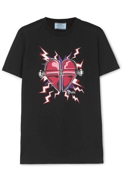 Shop Prada Printed Cotton-jersey T-shirt In Black