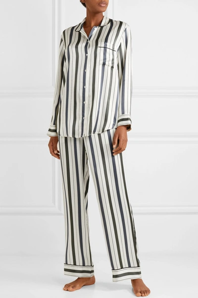 Shop Asceno Striped Silk-satin Pajama Shirt In Ecru