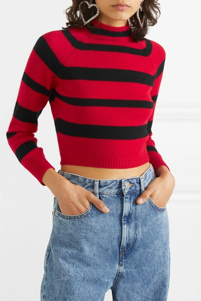 Shop Miu Miu Cropped Striped Cashmere Sweater In Red