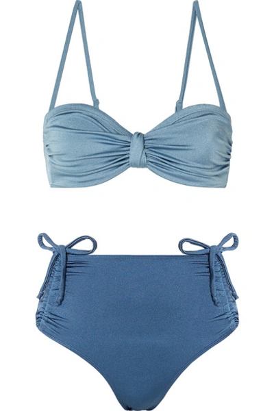 Shop Leslie Amon Thea Ruched Two-tone Bandeau Bikini In Blue