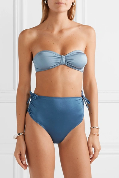 Shop Leslie Amon Thea Ruched Two-tone Bandeau Bikini In Blue