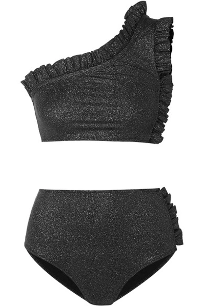 Shop Leslie Amon Tamini One-shoulder Ruffled Stretch-lurex Bikini In Black