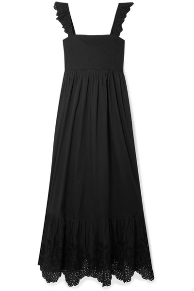 Shop Apiece Apart Quince Broderie Anglaise-trimmed Cotton-voile Midi Dress In Black