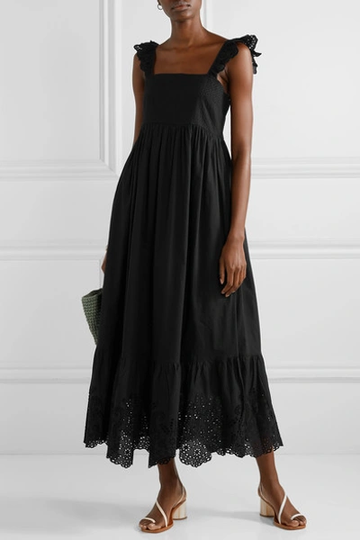 Shop Apiece Apart Quince Broderie Anglaise-trimmed Cotton-voile Midi Dress In Black