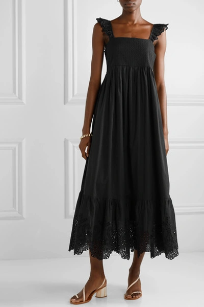 Shop Apiece Apart Quince Broderie Anglaise-trimmed Cotton-voile Midi Dress In Black