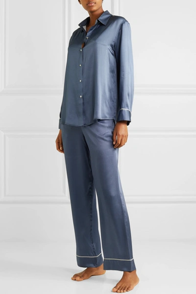 Shop Asceno Printed Silk-satin Pajama Shirt In Blue