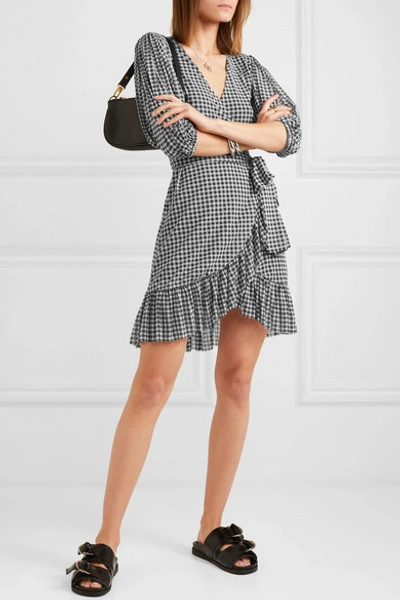 Shop Ganni Gingham Mesh Wrap Mini Dress In Black