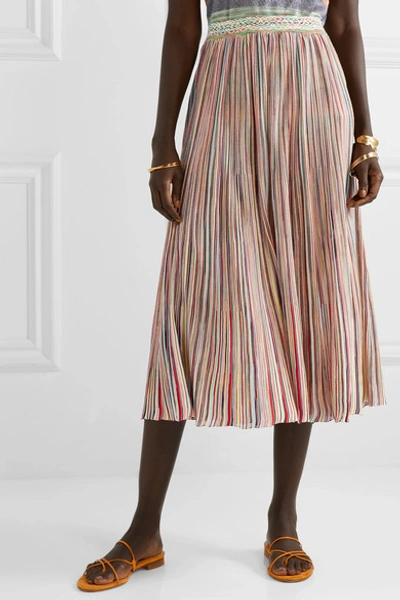 Shop Missoni Pleated Crochet-knit Midi Skirt In Pink