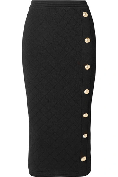 Shop Balmain Button-embellished Jacquard-knit Midi Skirt In Black