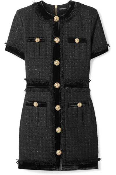 Shop Balmain Velvet-trimmed Frayed Metallic Tweed Mini Dress In Black