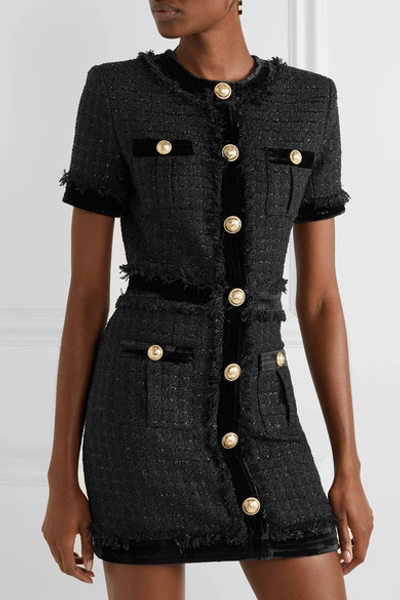 Shop Balmain Velvet-trimmed Frayed Metallic Tweed Mini Dress In Black