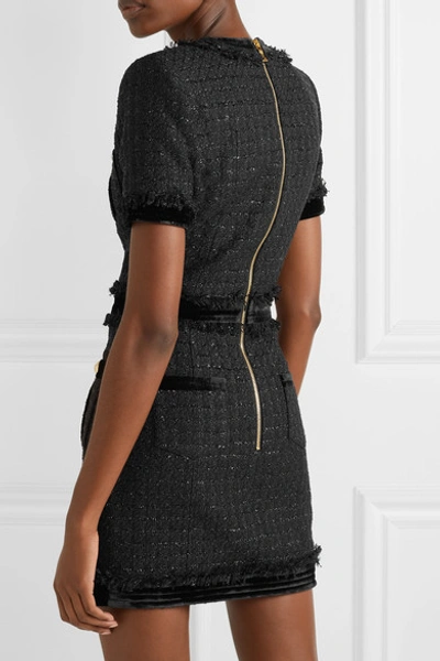 Shop Balmain Velvet-trimmed Frayed Metallic Tweed Mini Dress In Black