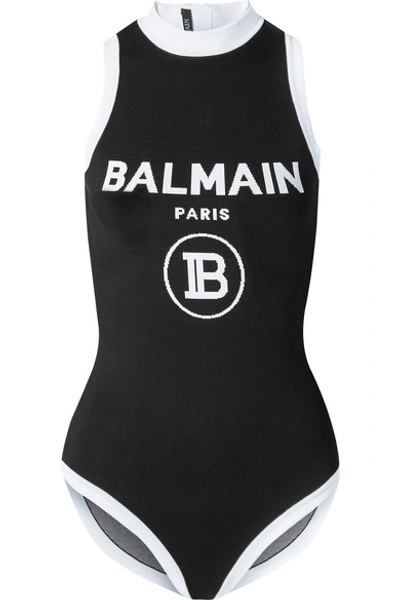 Shop Balmain Intarsia Stretch-knit Bodysuit In Black