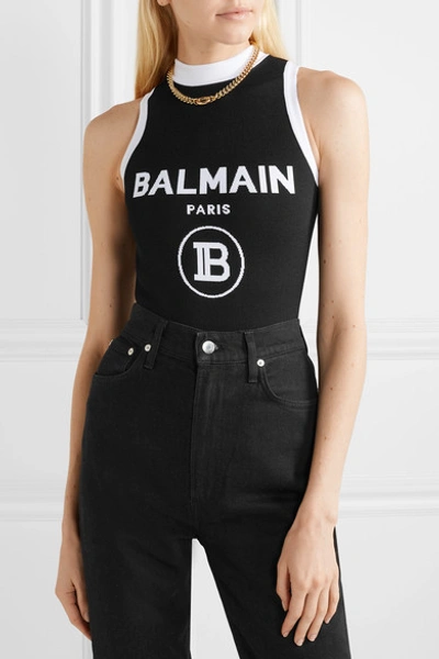 Shop Balmain Intarsia Stretch-knit Bodysuit In Black